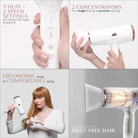 T3 CURA Luxe Hair Dryer White Rose Gold Digital Ionic Blow Dryer Fast Drying NIB - Picture 2 of 11